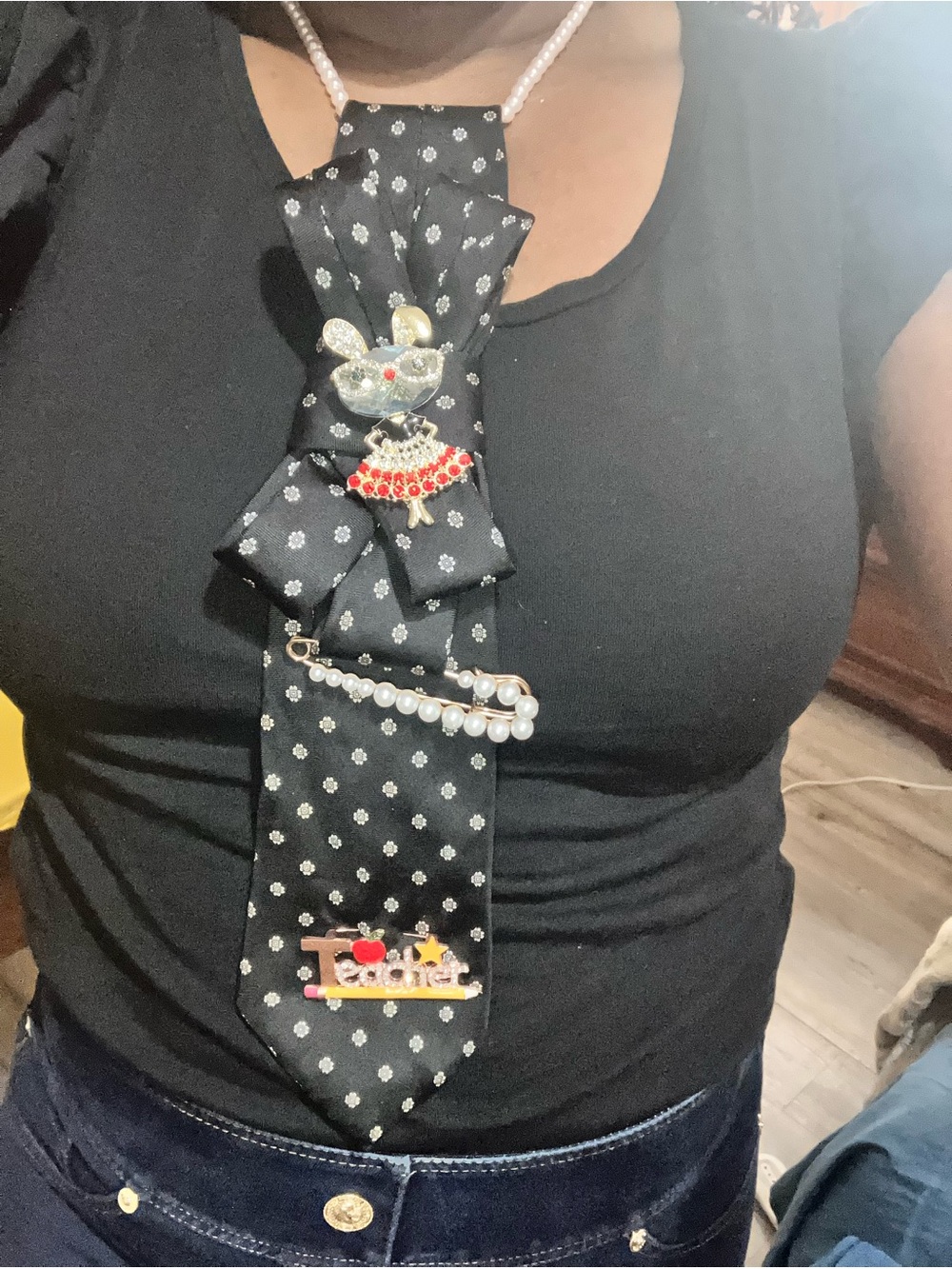Black Patterned Tie Necklace with Pearl & Rhinestone Charms